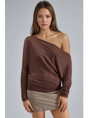 Hiccup Kadın Busem Kayık Yaka Dökümlü Bluz Kahve Kahvesi