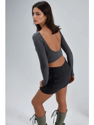 Hiccup Kadın Busem Sırt Dekolteli Slim Fit Kısa Bluz Koyu Gri