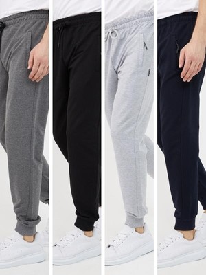 Mmetalic Siyah-Lacivert-Antrasit-Gri Erkek Paça Ribanalı Cep Fermuar Detaylı 4'lü Eşofman Altı