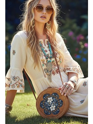 Fashion Cocktail Kadın Bej Hasır Bali Rattan Hasır Elişi Ithal Omuz Çantası Büyük Boy 20CM x 8cm Desen 4