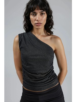 Hiccup Kadın Busem Asimetrik Yakalı, Parlak, Kolsuz, Dar Kesim Bluz Siyah