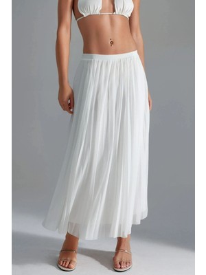 Hiccup Kadın Busem Yüksek Bel Tül Maxi Etek Beyaz