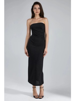 Hiccup Kadın Busem Parlak Yırtmaç Detaylı Maxi Elbise Siyah