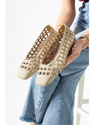 Best Cover Calısta Kadın Örgü Detaylı Kare Burun File Babet Ayakkabı