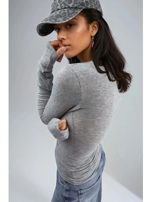 Hiccup Kadın Busem Slim Fit Uzun Kollu Transparan Bluz Açık Gri