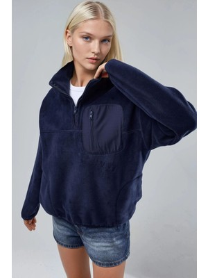 Hiccup Kadın Busem Fermuarlı Yakalı Peluş Örme Sweatshirt, Cepli Lacivert