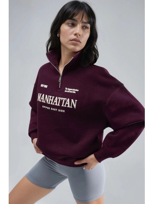 Hiccup Kadın Busem Oversized Baskılı Fermuarlı Yaka Sweatshirt Bordo Kırmızı