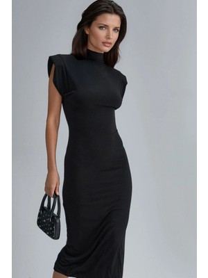 Hiccup Kadın Busem Vatkalı Yırtmaç Detaylı Midi Elbise Siyah