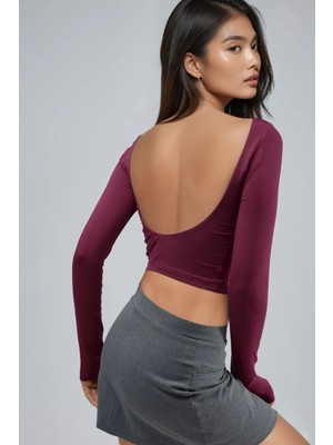 Hiccup Kadın Busem Sırt Dekolteli Slim Fit Kısa Bluz Bordo Kırmızı