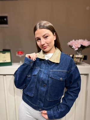 Asl Woman Kadın Fermuarlı Kadife Yakalı Kot Ceket – Rahat Kesim Günlük Jean Ceket