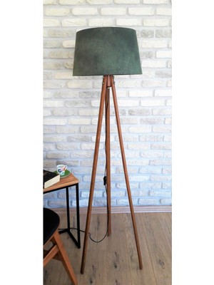 Normadia Yeşil Antik Serisi 3 Ayaklı Lambader, Masif Açık Ceviz Ayaklı