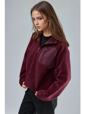 Hiccup Kadın Busem Fermuarlı Yakalı Peluş Örme Sweatshirt, Cepli Bordo Kırmızı