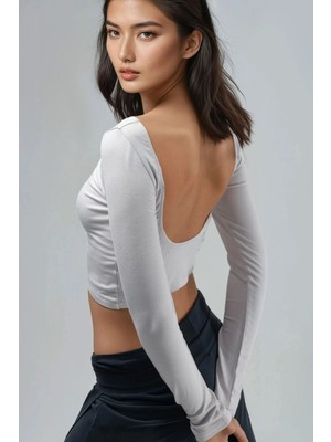 Hiccup Kadın Busem Sırt Dekolteli Slim Fit Kısa Bluz Taş Doğal