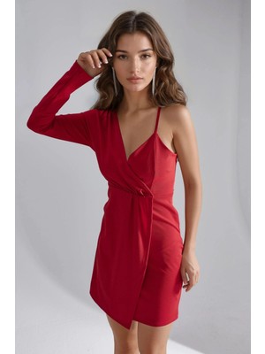 Hiccup Kadın Busem Tek Omuz V Yaka Mini Elbise Kırmızı