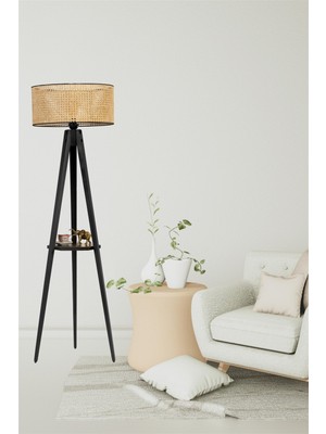 Normadia Şömine, Okuma ve Oturma Alanları Için Şık Siyah Rattan Abajurlu Tripod