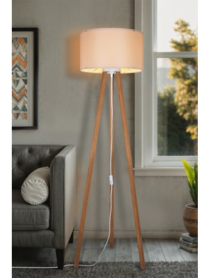 Normadia Şık Krem Lambader Abajur, 3 Ayaklı Tripod, Kumaş ve Ahşap Tasarım