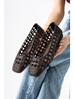 Best Cover Calısta Kadın Örgü Detaylı Kare Burun File Babet Ayakkabı