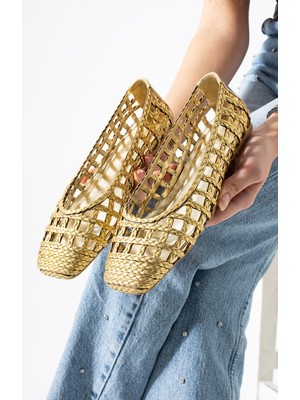 Best Cover Calısta Kadın Örgü Detaylı Kare Burun File Babet Ayakkabı