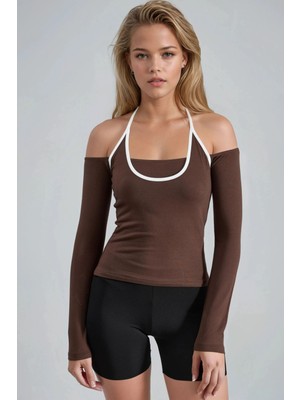 Hiccup Kadın Busem Kontrast Biye Detaylı Örme Bluz Kahve Kahvesi