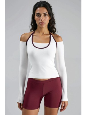 Hiccup Kadın Busem Kontrast Biye Detaylı Örme Bluz Beyaz