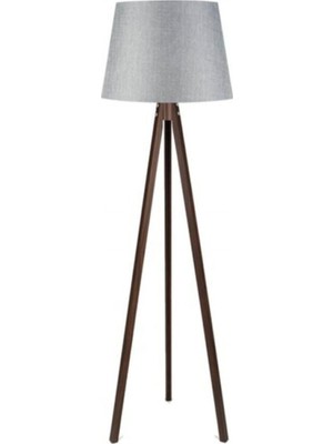 Normadia Şık 3 Ayaklı Ahşap Lambader, Konik Kumaş Başlık, Gri ve Ceviz Renkli