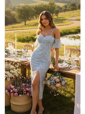 Askılı Asimetrik Dizaltı Yırtmaçlı Şifon Yazlık Kır Düğünü Nişan Söz Elbise Mavi