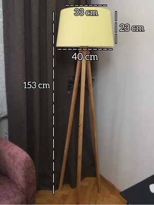 Normadia Şık 3 Ayaklı Ahşap Tripod Lambader, Hardal Kumaş Başlıklı Tasarım