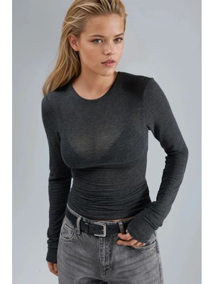 Hiccup Kadın Busem Slim Fit Uzun Kollu Transparan Bluz Koyu Gri