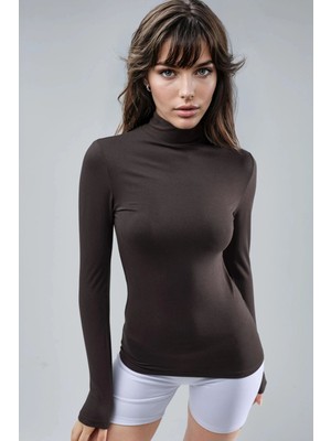 Hiccup Kadınlar BUSEM Slim Fit Yarım Balıkçı Yaka Bluz Kahve Kahvesi