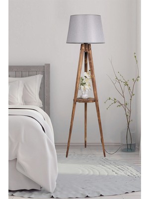 Normadia Şehbalı Tripod Yanık Lambader Pramit Hasır Gri Abajurlu