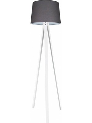 Normadia Şık Ahşap 3 Ayaklı Tripod Lambader, Konik Kumaş Tasarım, Füme ve Beyaz