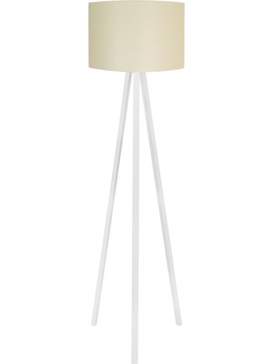 Normadia Şık 3 Ayaklı Tripod Lambader, Yuvarlak Kumaş Abajur, Beyaz Ayak