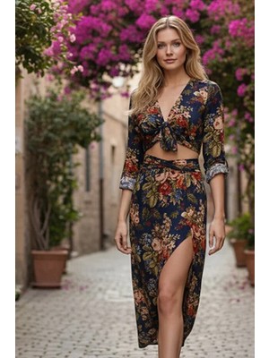 Fashion Cocktail Çiçekli Asimetrik Etek Yakalı Bağlamalı Bohem Etek Bluz Kadın Ikili Takım Lacivert