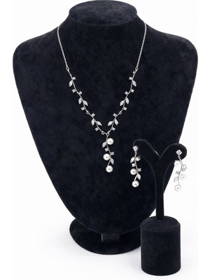 Pangu Inci Detaylı Yaprak Motifli Gümüş Renk Abiye Kolye Küpe Seti