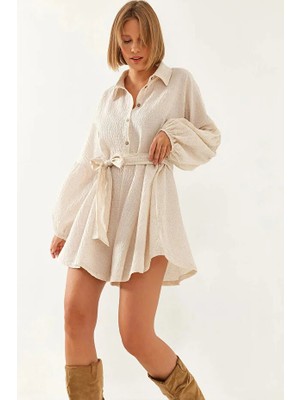 Uzun Kol Casual Kabartma Kumaş Yakalı Düğmeli Boyfriend Gömlek Stil Şortlu Tulum