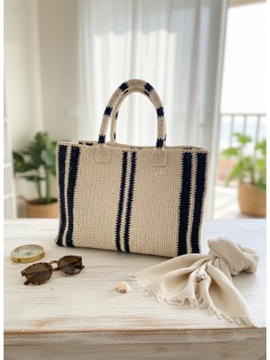 SNM El Örgü Büyük Boy Çizgili Desen Kadın El Çantası
