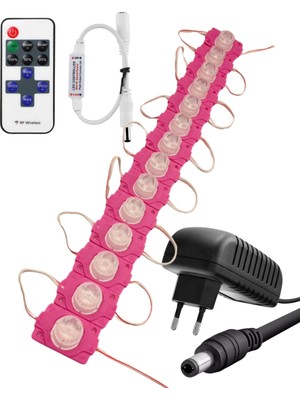 Powerr Led Aydınlatma 20 Adet 24 Volt 1,5 Watt Tek Lensli Pembe 3030 Smd LED Modül 12A Tek Renk Rf Dimmer 2A Priz Tipi Adaptör Set