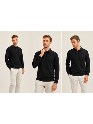 Erkek Siyah Polo Yaka Sweatshirt