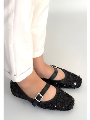 Aesco Zaty Siyah Süet Siyah Pullu Babet Ayakkabı