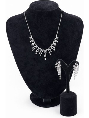 Pangu Damla Taş Detaylı Gümüş Renk Abiye Kolye Küpe Seti