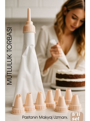 EkoAlışverişDünyam Profesyonel 8'li Krema Sıkma Torbası Seti | Pastacılık Dekorasyon Uçları ve Fırfır Başlıkları