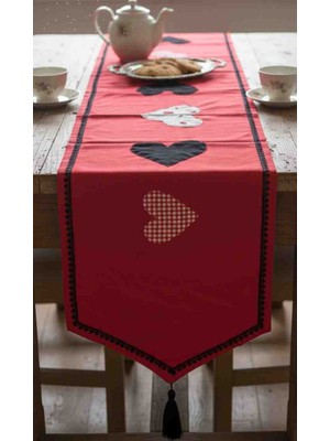 Yarımada Kadın Kooperatifi ​sevgililer Günü Temalı Kalp Desenli Leke Tutmaz Duck Keten Runner - 170X55 cm