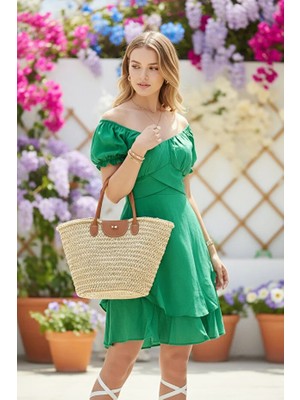 Fashion Cocktail Düşük Omuz Pamuklu Büzgülü Katlı Etek Elbise Puf Kol Diz Üstü Yazlık Elbise Yeşil