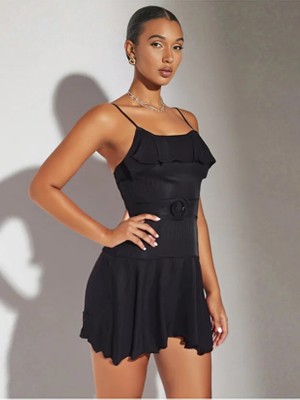 Soft Yumuşak Ince Çizgi Dokulu Fırfırlı Kemerli Astarı Şortlu Yazlık Saten Tulum Mat Siyah