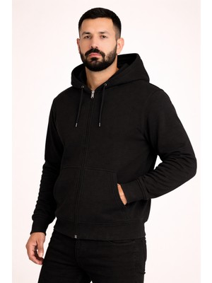Justas Erkek Siyah Şardonlu Kapşonlu Boydan Fermuarlı Üç Iplik