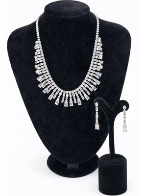 Pangu Baget Taş Detaylı Gümüş Renk Abiye Kolye Küpe Seti