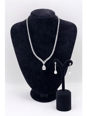 Pangu Damla Taş Detaylı Gümüş Renk Abiye Kolye Küpe Seti