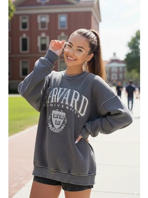Fashion Cocktail Harvard Üniversite Kolej Salaş Alacalı Uzun Kollu Bol Kesim Kışlık Kadın Sweatshirt Füme