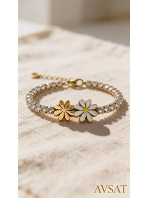 Melike Steel Papatya Detay Suyolu Zirkon Taşlı Bileklik