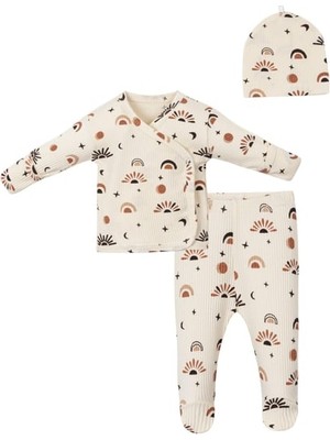 Bebeva Baby Erkek Bebek %100 Pamuklu Güneş Figür Baskılı Uzun Kollu Body Pantolon ve Önlük 3'lü Takım - Krem
